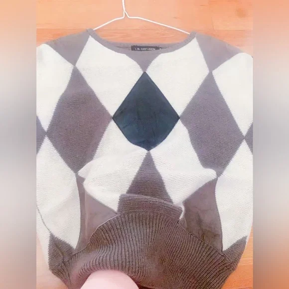 Vintage I.B. Diffusion Argyle Sweater Women’s M Angora Blend Made in Hong Kong